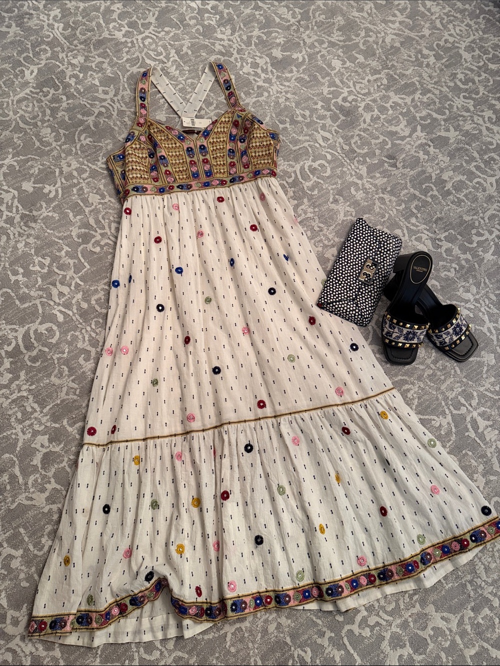 Anthropologie Cream Maxi Dress with Multicolor Embroidery
